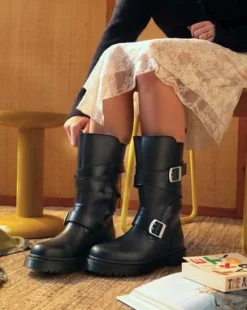 Anistone Two Strap Leather Biker -bootsit in Musta