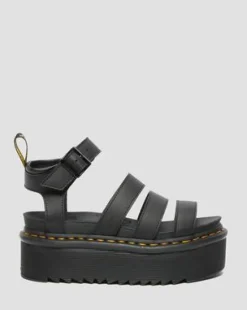 Blaire Quad Hydro Leather Platform Gladiator Sandals in Musta