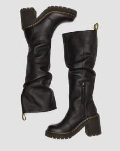 Kasey Virginia Leather Knee High Heeled -maiharit in Musta