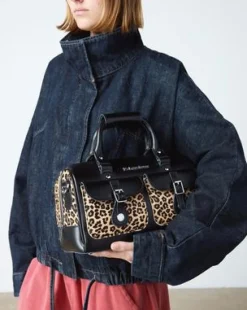 Leopard Print Hair-On Top Handle -laukku in Musta