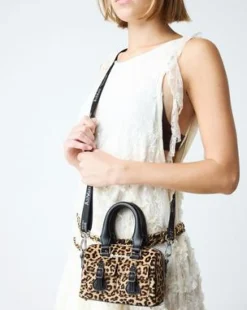 Mini Top Handle Leopard Print -laukku in Musta & Gyldenbrun