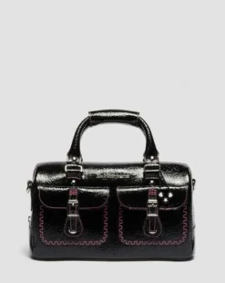 Top Handle Distressed Patent Leather Bag in Musta