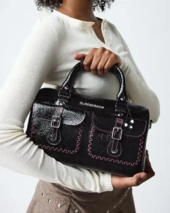 Top Handle Distressed Patent Leather Bag in Musta