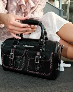 Top Handle Distressed Patent Leather Bag in Musta