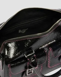 Top Handle Distressed Patent Leather Bag in Musta