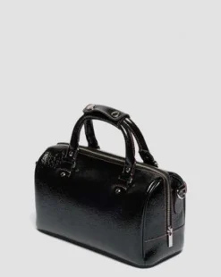 Top Handle Distressed Patent Leather Bag in Musta